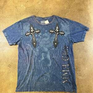 Y2K MMA ELITE CYBER GOTH TEE SHIRT SKULL CROSSES AFFLICTION  T-SHIRT BLUE large